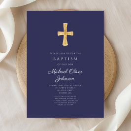 Moderne Blaue religiöse Cross Boy Taufe Einladung