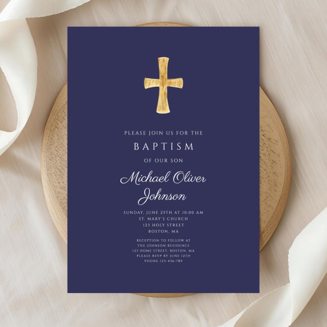 Moderne Blaue religiöse Cross Boy Taufe Einladung (Modern Navy Blue Religious Cross Boy Baptism Invitation)