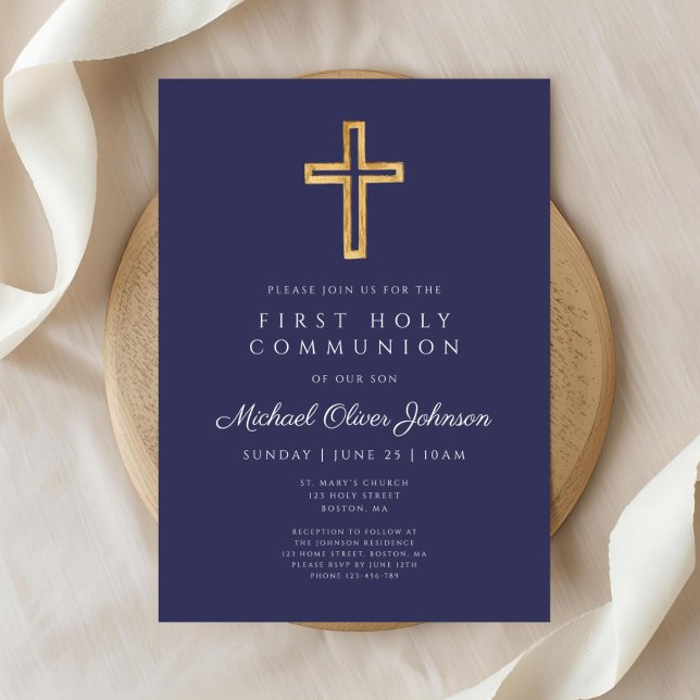 Moderne blaue religiöse junge Kommune Einladung (Modern Navy Blue Religious Boy First Communion Invitation)