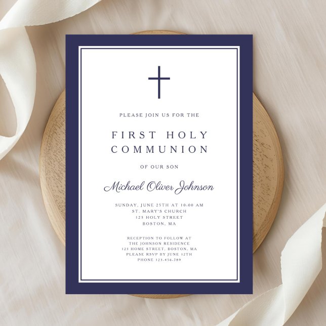 Moderne blaue religiöse junge Kommune Einladung (Modern Navy Blue Religious Boy First Communion Invitation)