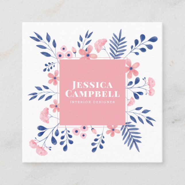 Moderne blaue Rosa geometrische Aquarellblume Quadratische Visitenkarte (Vorderseite)