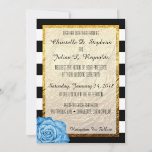 Moderne Blaue Rose Faux-Goldfolie-Gestreifte Hochz Einladung