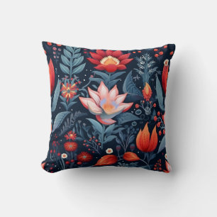 Moderne blaue rote Blumendunkle Musterdekoration Kissen
