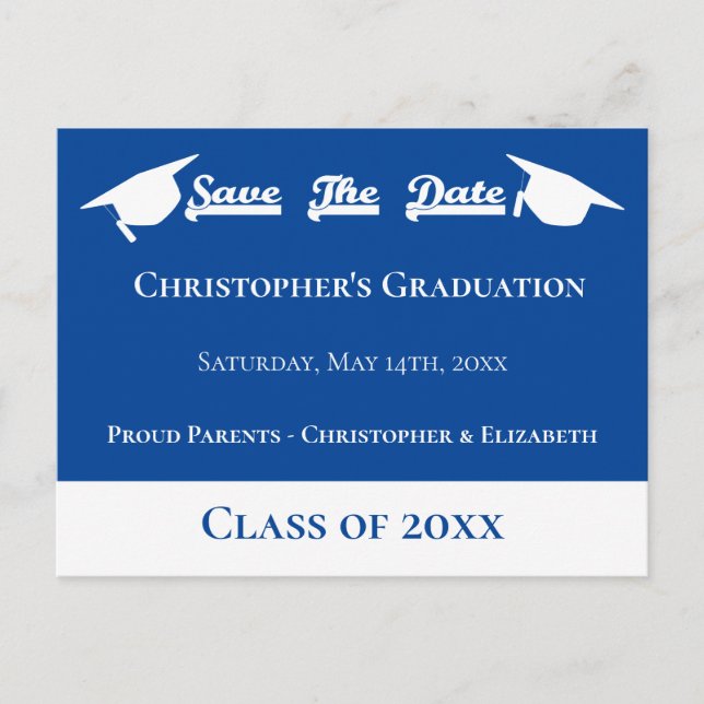 Moderne, blaue, Save the Date Graduierungskappe Ankündigungspostkarte (Vorderseite)