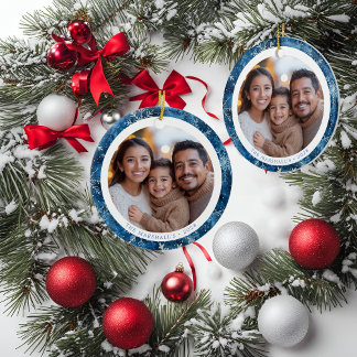 Moderne Blaue Schneeflocken Familienweihnachtliche Keramik Ornament