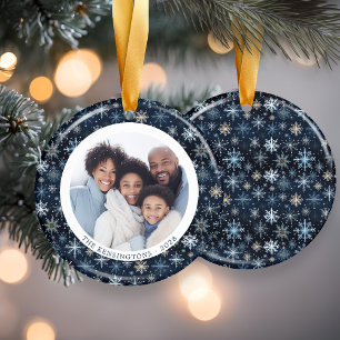 Moderne Blaue Schneeflocken Familienweihnachtliche Keramik Ornament