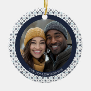 Moderne blaue Schneeflocken mit zweiseitigem Foto Keramik Ornament