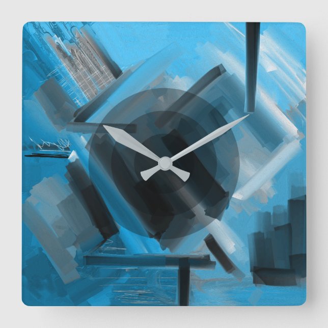 Moderne blaue Schwarze Grau Dynamische Abstrakte K Quadratische Wanduhr (Vorderseite)