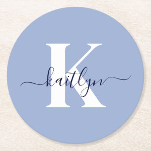 Moderne Blaue Script-Monogramm Runder Pappuntersetzer
