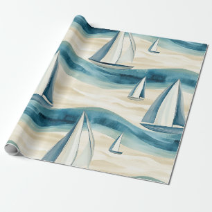Moderne Blaue Segelboot-Ozeanwellen-Muster Geschenkpapier
