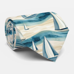 Moderne Blaue Segelboot-Ozeanwellen-Muster Krawatte