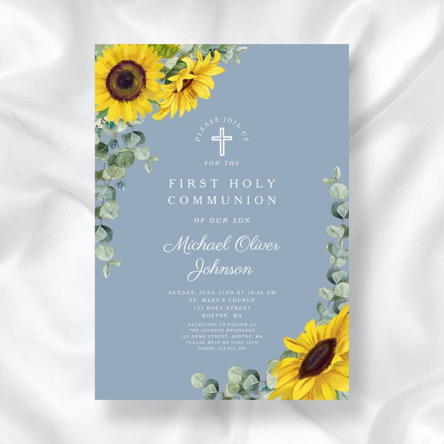 Moderne blaue Sonnenblumen Erste Heilige Kommune Einladung (Modern Blue Sunflowers First Holy Communion Invitation)