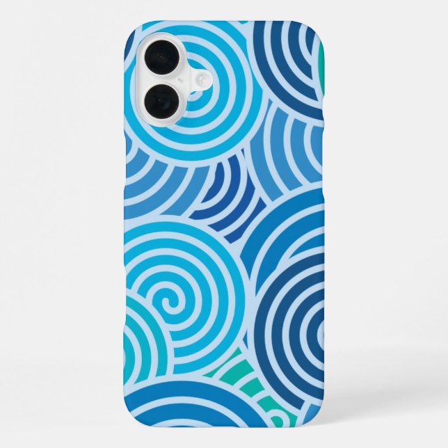 Moderne blaue Spiralmuster iPhone 16 Plus Hülle (Rückseite)
