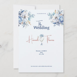 moderne blaue staubige Hochzeitskarte Blumen Braut Einladung