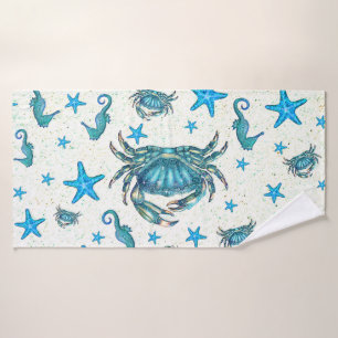 Moderne blaue Strandkrabbe Seestern Seepferdchen G Badhandtuch Set