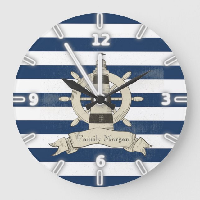 Moderne blaue Streifen, Bootrad Große Wanduhr (Vorderseite)