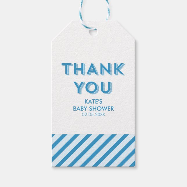 Moderne blaue Streifen Danke Baby Dusche Geschenkanhänger (Vorderseite)
