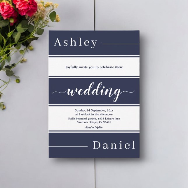 Moderne blaue Streifen Elegante Hochzeit Einladung (Von Creator hochgeladen)