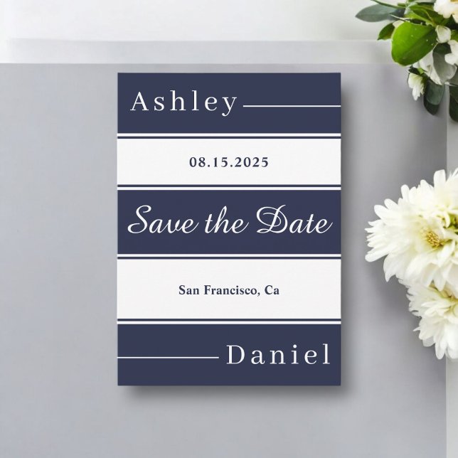 Moderne blaue Streifen Elegante Hochzeit Save The Date (Von Creator hochgeladen)