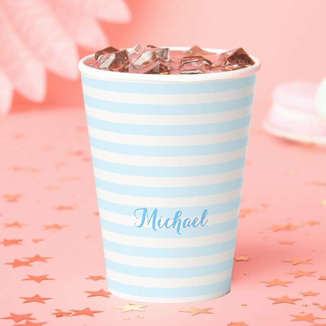 Moderne blaue Streifen Elegante Mit Monogramm Typo Pappbecher (Modern Blue Stripes Elegant Monogrammed Typography Paper Cups)