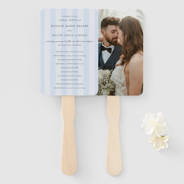 Moderne blaue Streifen Elegantes Hochzeitsprogramm Fächer (Vorne und Hinten)