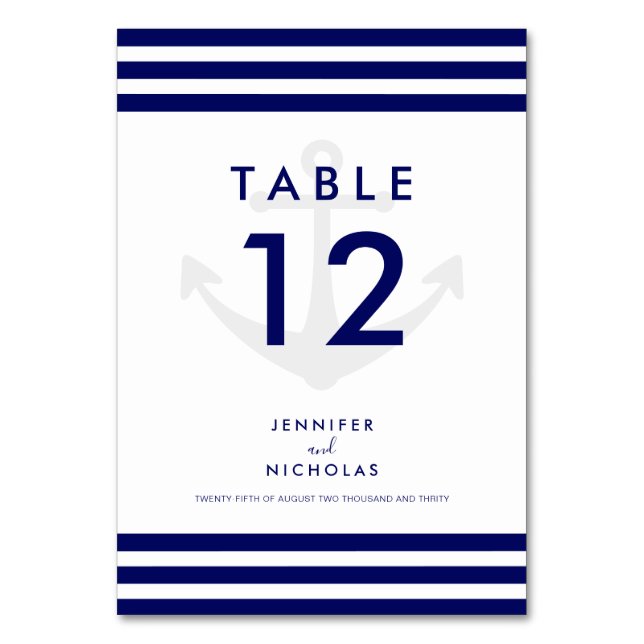 Moderne blaue Streifen Hochzeit für den Anker Tischnummer (Vorderseite)