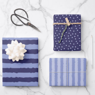 Moderne blaue Streifen und Punkte Geschenkpapier Set