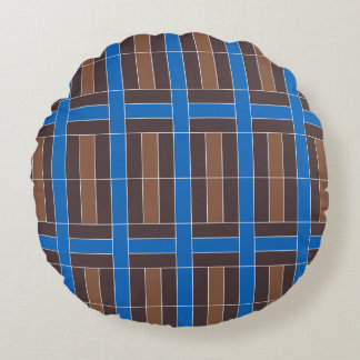 Moderne blaue und braune geometrische Karo-Muster  Rundes Kissen