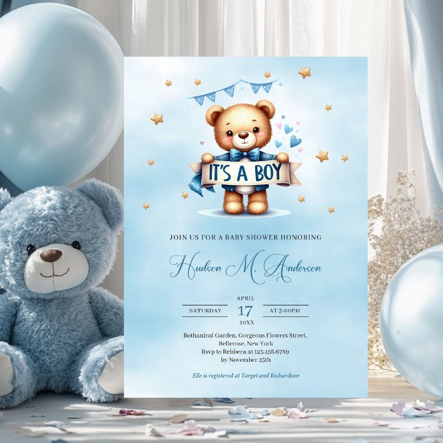 Moderne blaue und braune Teddybären, ein Junge Einladung (cute teddy bear holding ribbon it's a boy baby shower invitation)