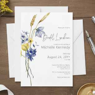 Moderne Blaue und Gelbe Wilde Blumen Braut-Lunch-E Einladung
