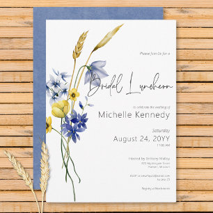 Moderne Blaue und Gelbe Wilde Blumen Braut-Lunch-E Einladung