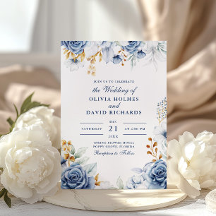 Moderne blaue und goldene Blumenhochzeits-Einladun Einladung