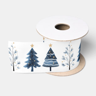 Moderne blaue und goldene frohe Weihnachtsbäume br Satinband