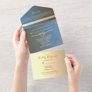 Moderne Blaue und Goldene Geometrische Hochzeit All In One Einladung