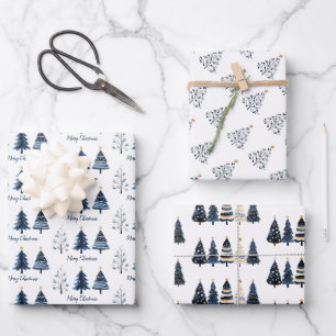 Moderne blaue und goldene Weihnachtsbäume Geschenkpapier Set