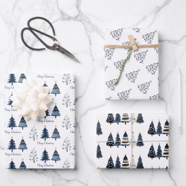 Moderne blaue und goldene Weihnachtsbäume Geschenkpapier Set (Vorderseite)