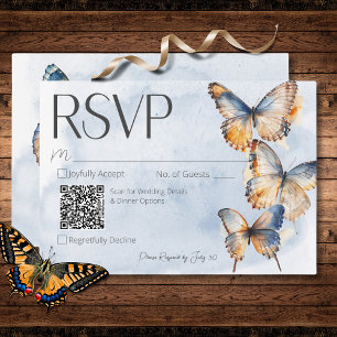 Moderne blaue und rostfarbene Schmetterlinge QR-Co RSVP Karte