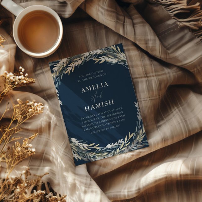 Moderne blaue und silberne botanische Hochzeit Folieneinladung (Von Creator hochgeladen)