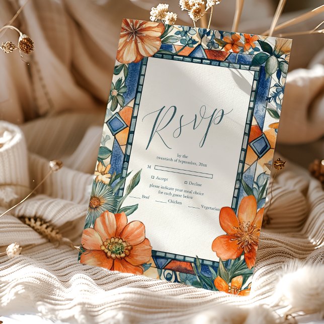 Moderne, blaue und weiße, blühende mediterrane Fli RSVP Karte (Von Creator hochgeladen)