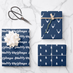 Moderne blaue und weiße frohe Weihnachtsbaumen Ren Geschenkpapier Set