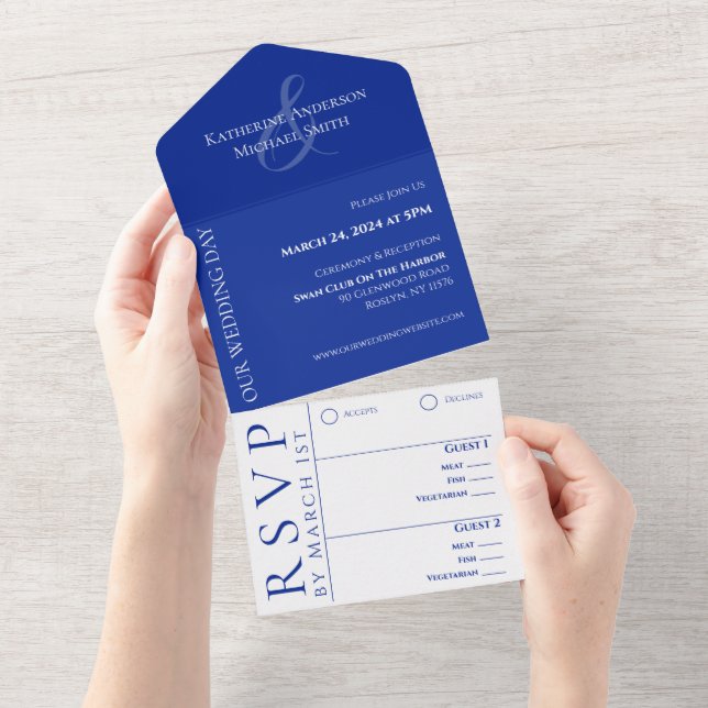 Moderne blaue und weiße Hochzeiten All In One Einladung (Abreißen)