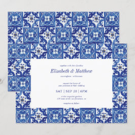Moderne blaue und weiße mediterrane Fliesen Hochze Einladung