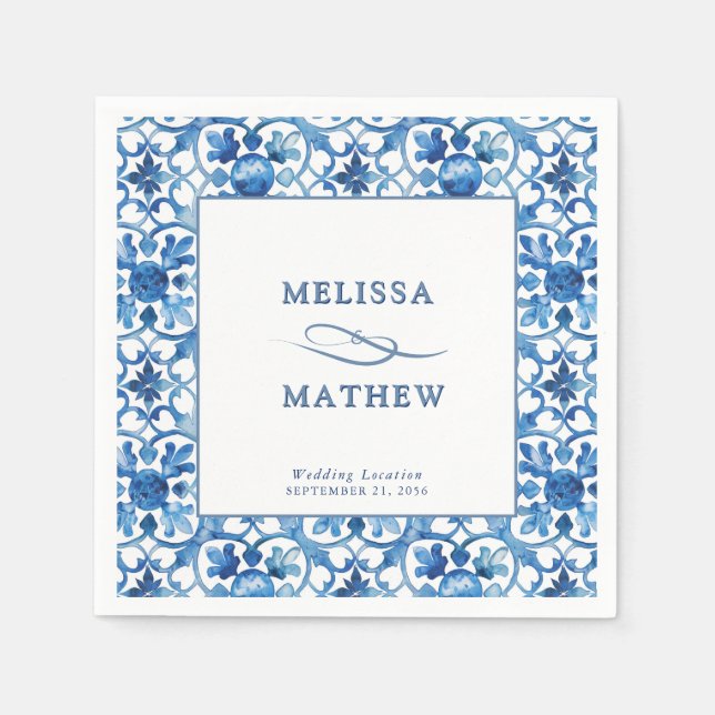 Moderne blaue und weiße mediterrane Hochzeit Serviette (Vorderseite)