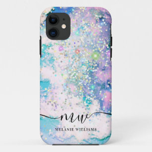 Moderne blaue violette Glitter-Schick-Monogramm Case-Mate iPhone Hülle