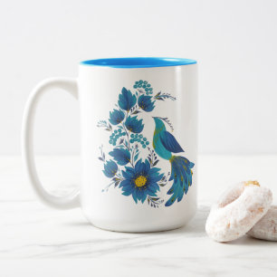 Moderne Blaue Vogel-Volks kunst Blumendekor Zweifarbige Tasse