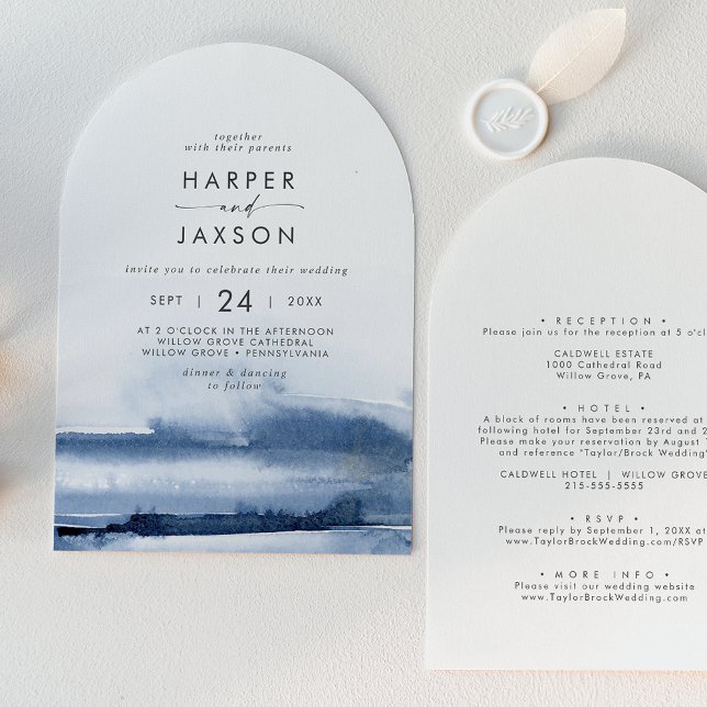 Moderne blaue Vorder- und Rückseite der Arch Weddi Einladung (Modern Watercolor Blue Front and Back Arch Wedding Invitation)