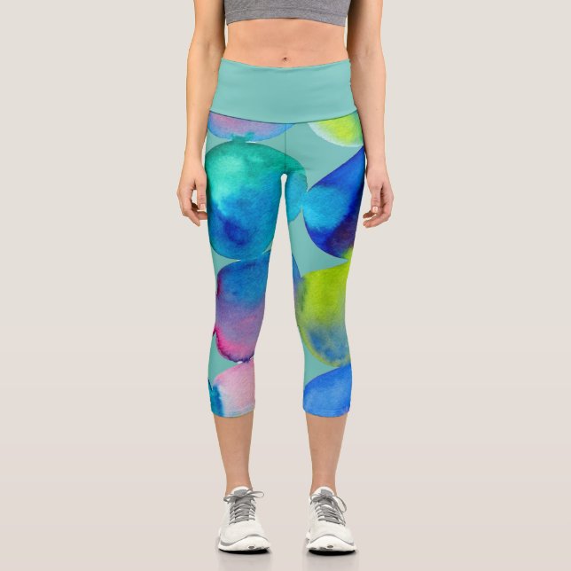 Moderne blaue Wasserfarbe künstlerische farbige Fu Capri Leggings (Vorderseite)