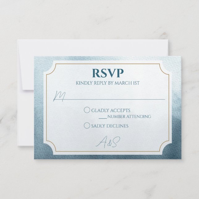 Moderne blaue Wasserfarbenhochzeit RSVP Karte (Vorderseite)