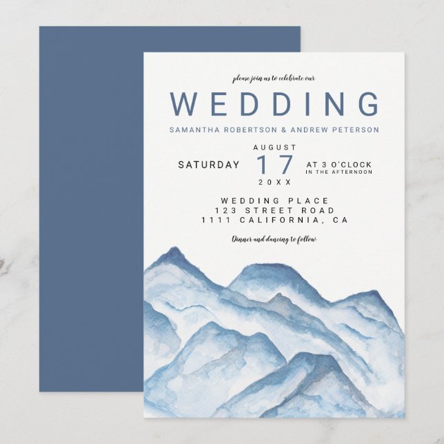 Moderne blaue wedding Aquarellberge Einladung (Vorne/Hinten)
