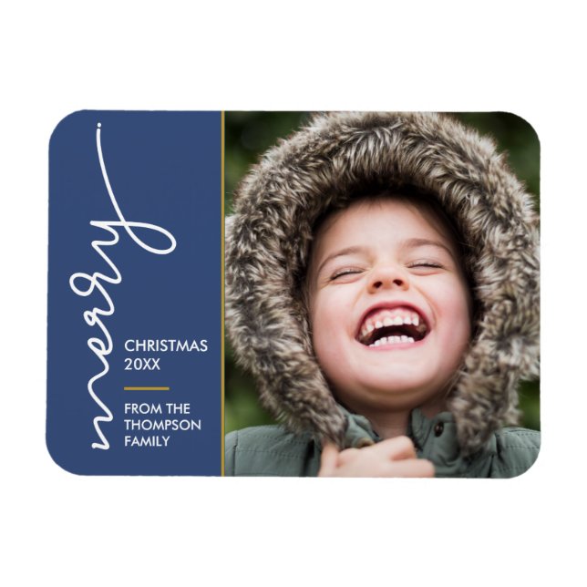 Moderne blaue Weihnachts-Script-Fotokarte Magnet (Horizontal)